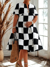 Contrast Color Plaid Pleated Loose Short Sleeves V-neck Shirt Dress Midi Dresses