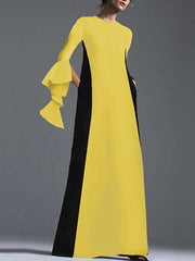 Contrast Color Pockets A-Line Flared Sleeves Round-Neck Maxi Dresses