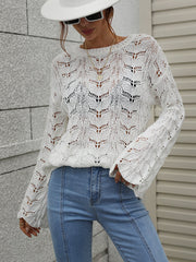 Original Creation Long Sleeves Loose Hollow Solid Color Round-Neck Sweater Tops
