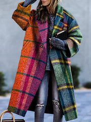 Loose Three-Quarter Sleeves Contrast Color Plaid Split-Joint Lapel Outerwear Windbreakers Woolen Coat