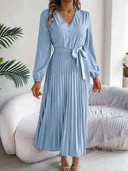 Belted Buttoned Pleated Solid Color High Waisted Long Sleeves V-Neck Maxi Dresses