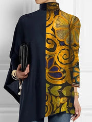 Long Sleeves Loose Asymmetric Contrast Color Printed Mock Neck T-Shirts Tops