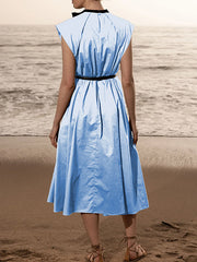 Pleated Tied A-line Loose Round-neck Midi Dresses
