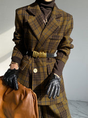 Plaid Split-Joint Lapel Woolen Coat Jackets