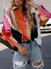Contrast Color Printed Long Sleeves Loose Lapel Blouses