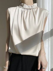 Pleated Ruffle Trim Solid Color Loose Sleeveless Stand Collar Vest Top