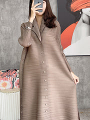 Solid Color Pleated Long Sleeves Shirt Dress Midi Dress