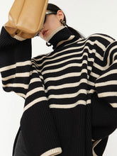 Contrast Color Pleated Split-Joint Split-Side Striped Patterns Long Sleeves Loose High Neck Sweater Tops