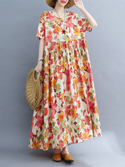 Pleated Printed Split-Joint Loose Short Sleeves Round-Neck Midi Dresses