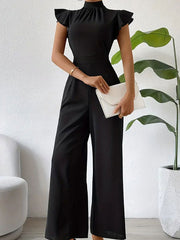 Pleated Ruffled Solid Color High Waisted Loose Mock Neck Jumpsuits