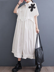 Elasticity Pleated Split-Joint Loose Short Sleeves Lapel Midi Dresses