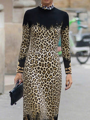 High Waisted Long Sleeves Contrast Color Leopard Printed Split-Joint Round-Neck Maxi Dresses