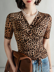 Leopard Pleated Half Sleeves Skinny V-Neck T-Shirts Tops