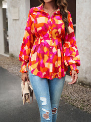 Buttoned Elasticity Pleated Printed Bishop Sleeve Long Sleeves Lapel Blouses&Shirts Tops