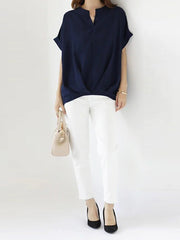 Pleated Solid Color Split-Joint Batwing Sleeves Loose Round-Neck Blouses&Shirts Tops