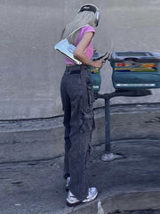 Gradient Pockets Split-Joint High Waisted Loose Jean Pants Bottoms