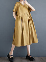 Asymmetric Pleated Pockets Solid Color Split-Joint A-line Loose Round-neck Midi Dresses