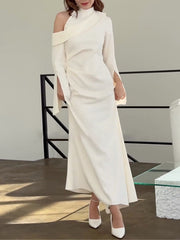 Flared Sleeves Asymmetric Buttoned Hollow Solid Color Zipper Cold Shoulder Evening Dresses Maxi Dresses