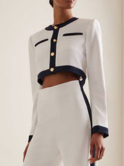Buttoned Contrast Color Pockets Long Sleeves Loose Round-Neck Blouses&Shirts Tops