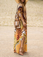 Printed Split-side Tiger Skin Pattern Batwing Sleeves Loose V-neck Maxi Dresses Beach Cover-Up