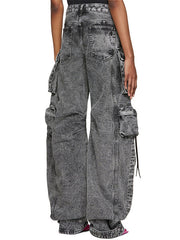 Pleated Pockets Split-Joint Streamer Loose Jean Pants Bottoms