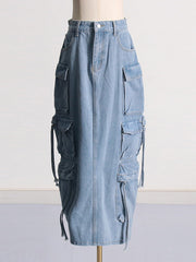 Buckle Split-back Split-Joint Streamer Zipper High Waisted Loose Skirts