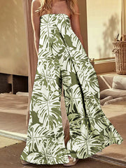 Elasticity Leaves Print Pleated Pockets Loose Sleeveless Tube Jumpsuits