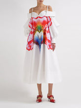 Buttoned Contrast Color Floral Printed Pleated Zipper Off-The-Shoulder Midi Dresses