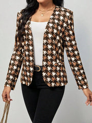 Houndstooth Pockets Long Sleeves Loose V-neck Outerwear Blazer