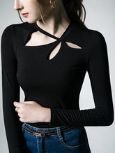 Hollow Solid Color Long Sleeves Skinny Asymmetric Collar T-Shirts Tops