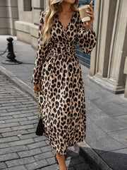 Contrast Color Leopard Pleated Split-Joint Elasticated Waist High Waisted V-Neck Maxi Dresses
