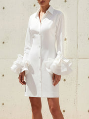 Flared Sleeves Long Sleeves Buttoned Solid Color Lapel Mini Dresses