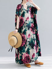 Artistic Retro Short Sleeves Loose Floral Printed Contrast Color V-Neck Maxi Dresses