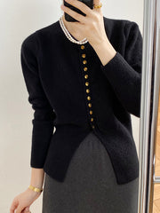 Elegant Long Sleeves Solid Color Round-Neck Cardigan Tops