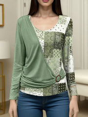 Asymmetric Buckle Contrast Color Pleated Split-Joint Irregularity Long Sleeves Round-Neck T-Shirts Tops