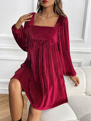 Pockets Solid Color Split-Joint Velvet A-Line High Waisted Square-Neck Mini Dresses