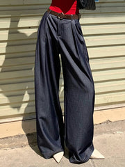 High-Waisted Pleated Solid Color Loose Wide Leg Trousers Pants