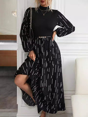 Printed Split-Joint Long Sleeves Puff Sleeves High Neck Maxi Dresses