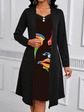 Buttoned Contrast Color Human Pattern Print Split-Joint A-Line False Two Square-Neck Midi Dresses