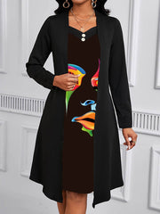 Buttoned Contrast Color Human Pattern Print Split-Joint A-Line False Two Square-Neck Midi Dresses