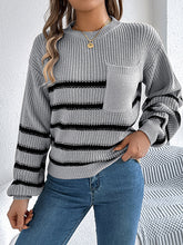 Contrast Color Pockets Split-Joint Long Sleeves Loose Round-Neck Sweater Tops Pullovers