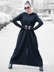 Knitting Black Zipper Hooded Wide Leg Jumpsuits