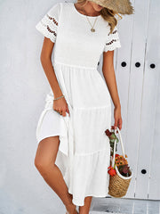 Elasticity Hollow Solid Color Split-Joint A-Line Loose Round-Neck Midi Dresses