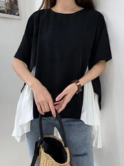 Pleated Split-Joint High-Low Loose Round-Neck T-Shirts Tops