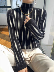Contrast Color Long Sleeves High-Neck Sweater Tops