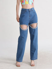 Hollow Rhine Stones High Waisted Loose Jean Pants Bottoms
