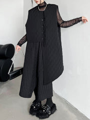 Asymmetric Buttoned Quilted Solid Color Tasseled Loose Sleeveless U-neck Padded Vest