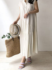 Buttoned Pleated Ruffled Solid Color Split-Joint Tiered A-Line Loose Stand Collar Midi Dresses