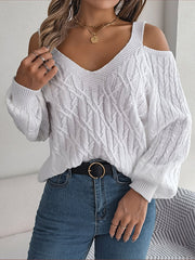 Cable Knit Solid Color Long Sleeves Loose Cold shoulder Sweater Tops