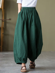 Simple Loose Linen Solid Color Pleated Drawstring Wide Legs Knickerbockers